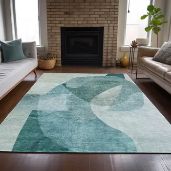 5' X 8' Teal Blue And Ivory Abstract Washable Indoor Outdoor Area Rug