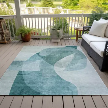 5' X 8' Teal Blue And Ivory Abstract Washable Indoor Outdoor Area Rug