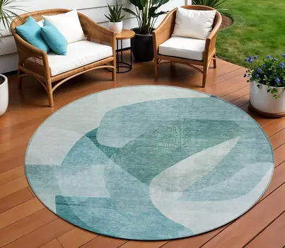 8' Teal Blue And Ivory Round Abstract Washable Indoor Outdoor Area Rug