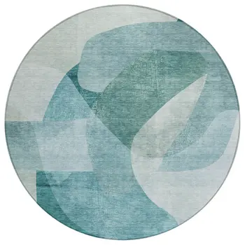 8' Teal Blue And Ivory Round Abstract Washable Indoor Outdoor Area Rug