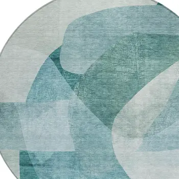 8' Teal Blue And Ivory Round Abstract Washable Indoor Outdoor Area Rug