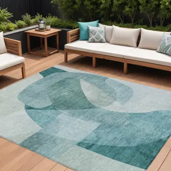 9' X 12' Teal Blue And Ivory Abstract Washable Indoor Outdoor Area Rug