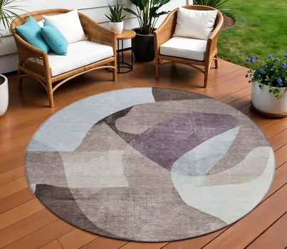 8' Brown And Taupe Round Abstract Washable Indoor Outdoor Area Rug