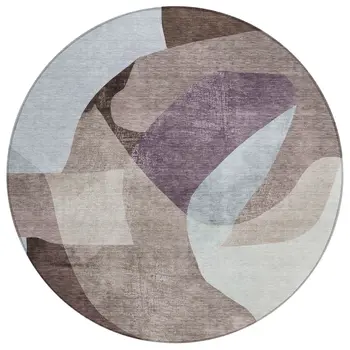 8' Brown And Taupe Round Abstract Washable Indoor Outdoor Area Rug