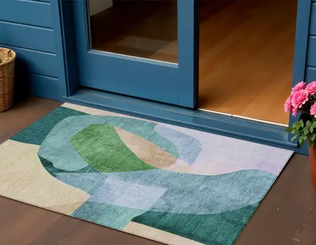 3' X 5' Green And Teal Blue Abstract Washable Indoor Outdoor Area Rug