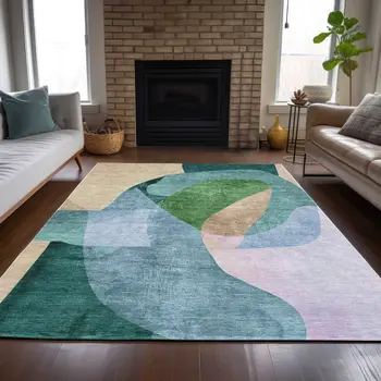 3' X 5' Green And Teal Blue Abstract Washable Indoor Outdoor Area Rug