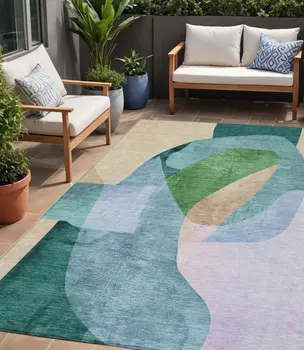 5' X 8' Green And Teal Blue Abstract Washable Indoor Outdoor Area Rug