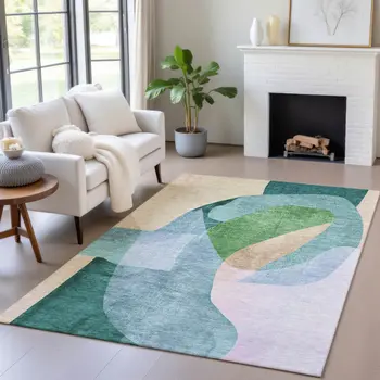 5' X 8' Green And Teal Blue Abstract Washable Indoor Outdoor Area Rug
