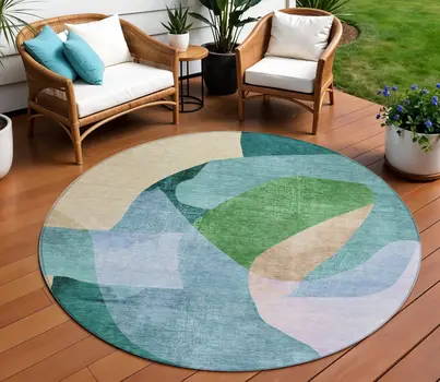 8' Green And Teal Blue Round Abstract Washable Indoor Outdoor Area Rug