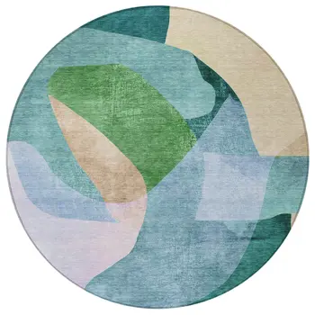 8' Green And Teal Blue Round Abstract Washable Indoor Outdoor Area Rug