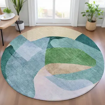 8' Green And Teal Blue Round Abstract Washable Indoor Outdoor Area Rug