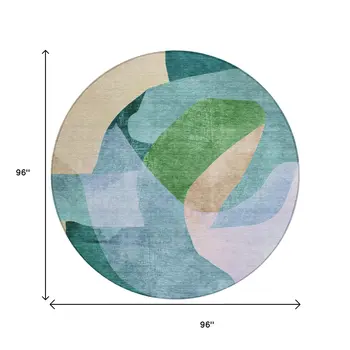 8' Green And Teal Blue Round Abstract Washable Indoor Outdoor Area Rug