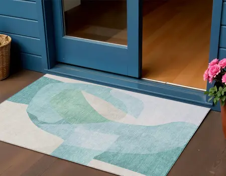 3' X 5' Pale Aqua And Beige Abstract Washable Indoor Outdoor Area Rug
