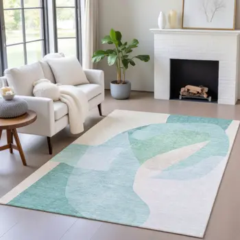 3' X 5' Pale Aqua And Beige Abstract Washable Indoor Outdoor Area Rug