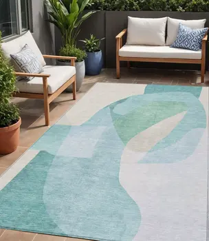 5' X 8' Pale Aqua And Beige Abstract Washable Indoor Outdoor Area Rug