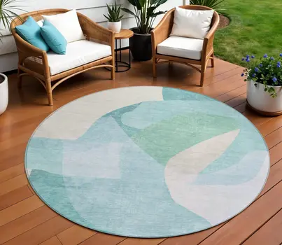 8' Pale Aqua And Beige Round Abstract Washable Indoor Outdoor Area Rug