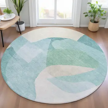 8' Pale Aqua And Beige Round Abstract Washable Indoor Outdoor Area Rug