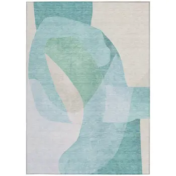 10' X 14' Pale Aqua And Beige Abstract Washable Indoor Outdoor Area Rug
