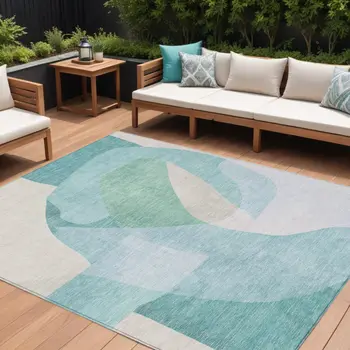 10' X 14' Pale Aqua And Beige Abstract Washable Indoor Outdoor Area Rug