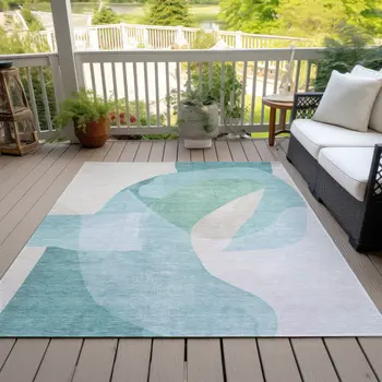 10' X 14' Pale Aqua And Beige Abstract Washable Indoor Outdoor Area Rug