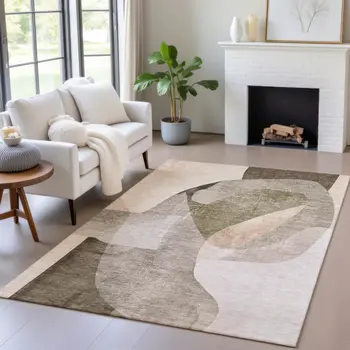 3' X 5' Taupe And Beige Abstract Washable Indoor Outdoor Area Rug