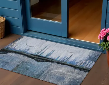 3' X 5' Blue And Charcoal Abstract Washable Indoor Outdoor Area Rug