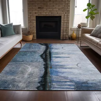 3' X 5' Blue And Charcoal Abstract Washable Indoor Outdoor Area Rug