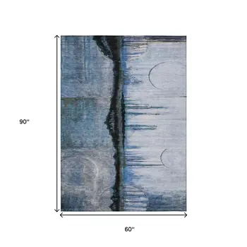 5' X 8' Blue And Charcoal Abstract Washable Indoor Outdoor Area Rug