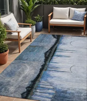 5' X 8' Blue And Charcoal Abstract Washable Indoor Outdoor Area Rug