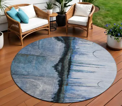 8' Blue And Charcoal Round Abstract Washable Indoor Outdoor Area Rug