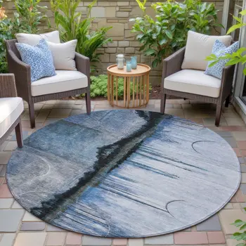 8' Blue And Charcoal Round Abstract Washable Indoor Outdoor Area Rug