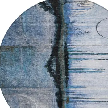 8' Blue And Charcoal Round Abstract Washable Indoor Outdoor Area Rug
