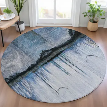 8' Blue And Charcoal Round Abstract Washable Indoor Outdoor Area Rug