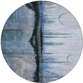 8' Blue And Charcoal Round Abstract Washable Indoor Outdoor Area Rug