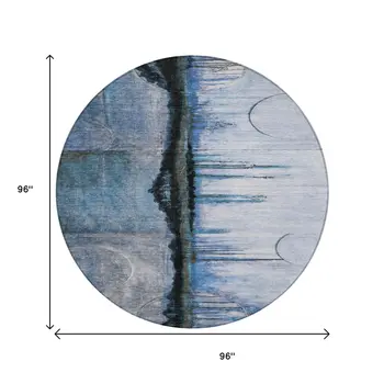 8' Blue And Charcoal Round Abstract Washable Indoor Outdoor Area Rug