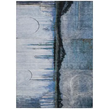9' X 12' Blue And Charcoal Abstract Washable Indoor Outdoor Area Rug