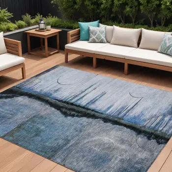 9' X 12' Blue And Charcoal Abstract Washable Indoor Outdoor Area Rug