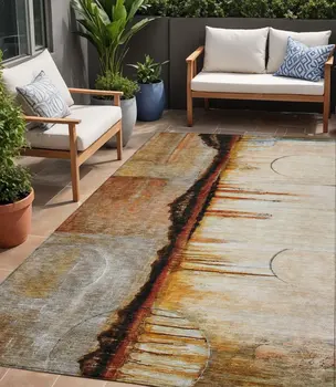 5' X 8' Rust And Charcoal Abstract Washable Indoor Outdoor Area Rug