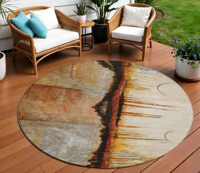 8' Rust And Charcoal Round Abstract Washable Indoor Outdoor Area Rug