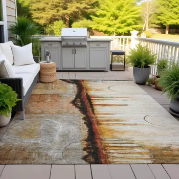 9' X 12' Rust And Charcoal Abstract Washable Indoor Outdoor Area Rug