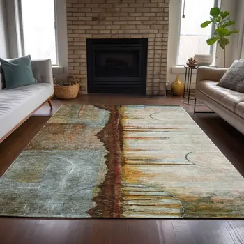 3' X 5' Rust And Beige Abstract Washable Indoor Outdoor Area Rug
