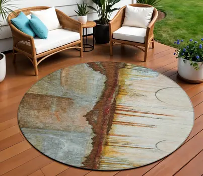 8' Rust And Beige Round Abstract Washable Indoor Outdoor Area Rug