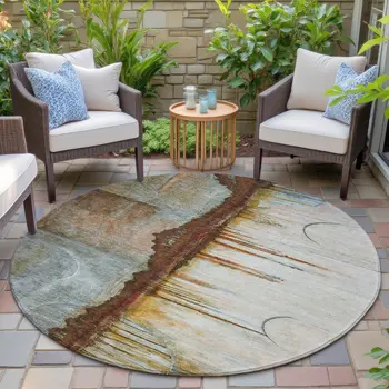 8' Rust And Beige Round Abstract Washable Indoor Outdoor Area Rug