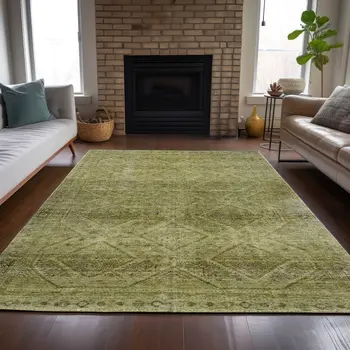 3' X 5' Artichoke Green And Ivory Geometric Washable Indoor Outdoor Area Rug