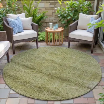8' Artichoke Green And Ivory Round Geometric Washable Indoor Outdoor Area Rug