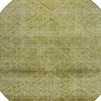 8' Artichoke Green And Ivory Round Geometric Washable Indoor Outdoor Area Rug
