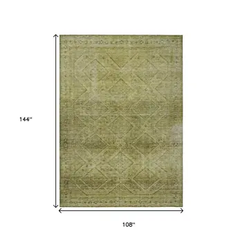 9' X 12' Artichoke Green And Ivory Geometric Washable Indoor Outdoor Area Rug