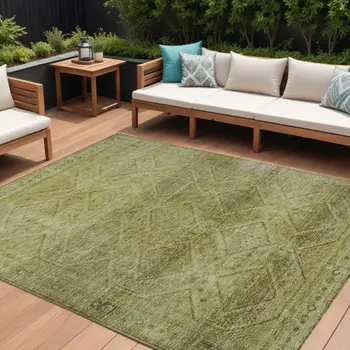 9' X 12' Artichoke Green And Ivory Geometric Washable Indoor Outdoor Area Rug