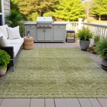 9' X 12' Artichoke Green And Ivory Geometric Washable Indoor Outdoor Area Rug