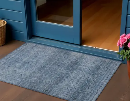 3' X 5' Blue And Ivory Geometric Washable Indoor Outdoor Area Rug